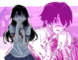 1boy 1girl ayato_aishi bags_under_eyes black_eyes black_hair blood blood_on_clothes blood_on_face blood_on_knife blue_sailor_collar blue_skirt chongfeng235 collarbone collared_shirt commentary contrast covering_own_mouth curled_fingers furrowed_brow game_screenshot_background game_screenshot_inset guro hair_between_eyes hand_over_own_mouth hands_up heart heart-shaped_pupils holding holding_knife kitchen_knife knife long_hair male_yandere murder neckerchief open_collar outdoors pleated_skirt raised_eyebrows red_neckerchief sailor_collar scared school_uniform screenshot_background screenshot_inset serafuku shaded_face shirt short_hair short_sleeves skirt stab straight-on surprised sweatdrop symbol-shaped_pupils taeko_yamada_(yandere_simulator) tsurime upper_body white_shirt wide-eyed yandere yandere_simulator