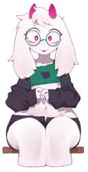 2026 2d ambiguous_gender anthro blush blushing clothed clothing crop_top deltarune eyewear furry furry_only glasses hips_wider_than_shoulders ralsei ralsei_with_white_fur shorts sleeves solo undertale_(series) white_body white_fur wide_hips