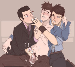 3boys doctor_who gay handjob ianto_jones jack_harkness male male_only multiple_boys nippleplay penis tenth_doctor threesome topless torchwood