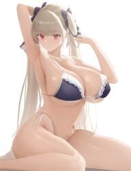 1girl absurdres arm_above_head arm_up armpits azur_lane bare_shoulders bikini black_bikini black_bow black_ribbon blush bow breasts brown_hair cleavage closed_mouth collarbone commentary formidable_(azur_lane) frilled_bikini frills hair_bow hair_ribbon highres huge_breasts lom_(lom_lom_8) long_hair looking_at_viewer navel pink_eyes ribbon side-tie_bikini_bottom simple_background sitting smile solo stomach swimsuit thighs twintails white_background
