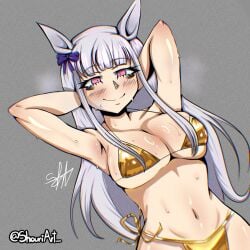 1girls animal_ears armpits artist_request big_breasts bikini blush breasts cleavage covered_nipples gold_ship_(umamusume) golden_bikini horse_ears horse_girl large_breasts long_hair micro_bikini navel side-tie_bikini smile solo swimsuit umamusume umamusume_pretty_derby white_hair