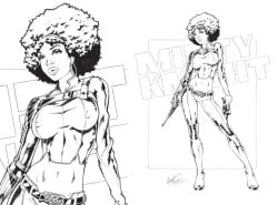 1girls 2012 afro big_breasts black_hair breasts_out curly_hair earrings female female_only gun large_breasts marvel midriff misty_knight nipple_bulge nipple_outline traditional_media_(artwork)