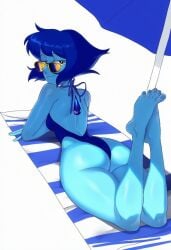 1girls ass bare_shoulders barefoot beach_towel beach_umbrella blue_hair blue_skin feet feet_up from_behind full_body lapis_lazuli_(steven_universe) looking_at_viewer looking_back lying on_stomach one-piece_swimsuit short_hair solo steven_universe sunglasses swimsuit the_pose toes towel umbrella uravity98114