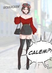 bag bare_shoulders bimbo black_footwear black_legwear blush breasts brown_hair busty_male calem_(pokemon) choker cleavage closed_eyes earrings full_body high_heels jewelry large_breasts long_fingernails male_with_breasts nail_polish off-shoulder_sweater off_shoulder painted_fingernails painted_nails platform_heels pokemon pokemon_xy sealguy short_hair smile solo sunglasses thighhighs trap