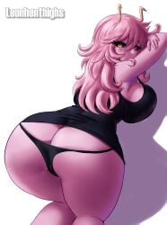 1girls artist_name ass_cleavage ass_focus back back_view bent_over big_ass big_breasts black_dress black_sclera blush breasts clothing dress female female_only hair horns leonart long_hair looking_back mina_ashido mina_ashido_time-skip my_hero_academia panties pantyshot pink_body pink_hair pink_skin post-timeskip shadow solo solo_female thighs white_background yellow_eyes