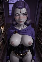 1girl ai_generated artist_name blue_eyes blush book bookshelf breasts breasts_outside earrings grey_skin hi_res high_quality high_resolution jewelry large_breasts leotard lips looking_at_viewer night nipples patreon patreon_username purple_eyes purple_hair raven_(dc) seductive sexy short_hair solo spicytoonai sweat teen_titans uncensored watermark