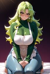 1girls ai_generated big_breasts bleach blush candice_catnipp curvy green_eyes green_hair kneeling light-skinned_female long_hair solo sweat tagme thick_thighs voluptuous wide_hips yorai
