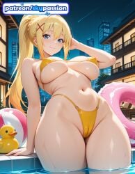 1girls 2026 ai_assisted ai_generated anime ball big_breasts bikini blue_eyes boobs breasts bust busty darkness_(konosuba) hair_ornament hi_res high_quality high_resolution highres kono_subarashii_sekai_ni_shukufuku_wo! large_breasts long_hair navel night night_sky patreon patreon_username ponytail pool rubber_duck skypassion smile solo stable_diffusion swimsuit tits wading water watermark x_hair_ornament yellow_bikini