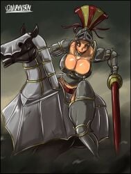 1girls 2d armor big_breasts breasts female female_knight helmet knight lance light-skinned_female light_skin reiksguard riding_on_back tagme vinvansen warhammer_(franchise) warhammer_fantasy