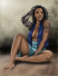 1girls 2019 areola_slip areolae big_breasts black_hair breasts cleavage curly_hair cybernetic_arm dark-skinned_female dark_skin female female_only marvel misty_knight solo solo_female tattoo valerian13