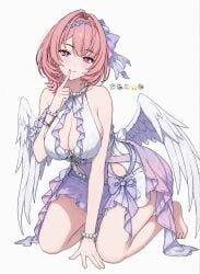 1girls big_breasts breasts breasts_out colored_nails exposed_breasts female large_breasts long_nails official_alternate_costume pink_hair purple_eyes remielle_(zenless_zone_zero) remielle_dan short_hair swimsuit white_swimsuit white_wings wings zenless_zone_zero