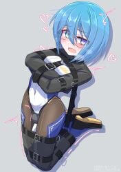 1girl absurdres aqua_eyes arms_across_body bdsm belt belt_buckle blue_bodysuit blue_hair bodysuit bound bound_arms bound_legs buckle commentary_request crossed_arms drop_shadow full_body glasses grey_background heterochromia highres hitachi_magic_wand legbinder looking_at_viewer menou_74 multicolored_bodysuit open_mouth original purple_eyes round_eyewear sex_toy short_hair solo straitjacket uneven_eyes variant_set vibrator white_bodysuit