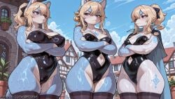 1girl ai_generated animal_ears blonde_hair blue_eyes blue_sky blush breasts cameltoe cape clothing_cutout crossed_arms day decurse furrification furry furry_female genshin_impact hair_bow jean_gunnhildr large_breasts leotard long_hair navel navel_cutout one-piece_swimsuit outdoors ponytail sky strapless swimsuit tattoo thighhighs wet