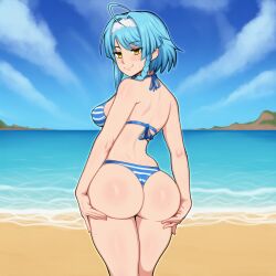 ahoge ai_generated ass bareback beach bikini blue_hair curvaceous curvy_female curvy_figure flirting flirting_look flirting_with_viewer flirty from_behind grabbing_own_ass headband large_ass legs looking_at_viewer medium_breasts nonaka_yuki self_upload shinmai_maou_no_testament short_hair shoulders side_braid sideboob smile smiling_at_viewer solo solo_female string_bikini striped_bikini thighs yellow_eyes