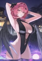 1girls ai_generated armpits arms_behind_head arms_up bangs black_bow black_swimsuit blush bow breast cleavage eyebrows_visible_through_hair feathered_wings hair_bow hair_intakes hair_ornament large_breasts looking_at_viewer night outdoors parted_lips pink_eyes pink_hair pointy_ears remielle_dan short_hair sky solo swimsuit wading water wet wings zenless_zone_zero