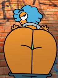 1girls 2026 accurate_art_style ass ass_focus back_view big_ass big_butt blue_hair cartoon_network clothed elmorestars female female_focus female_only flight_attendant_(the_amazing_world_of_gumball) looking_at_viewer looking_down low-angle_view on_the_wall orange_body orange_skin panties pants_down smile solo solo_female solo_focus string_panties the_amazing_world_of_gumball the_wonderfully_weird_world_of_gumball