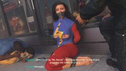 3d_(artwork) 3d_render arms_tied_behind_back bondage bound damsel_in_distress daz3d daz_3d daz_studio defeated defeated_heroine exposed_breasts gagged gagged_female iman_vellani kamala_khan marvel marvel_cinematic_universe marvel_comics ms._marvel partial_nudity rio_morales_(insomniac) superheroine tape_bondage tape_gag tape_gagged taped_ankles taped_mouth torn_clothes unmasked wolfguybynight