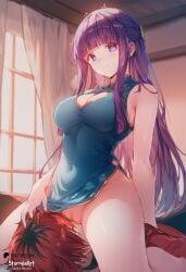 1boy 1girl ai_generated bangs bare_shoulders blue_dress blush china_dress chinese_clothes cleavage cunnilingus dress_lift facesitting fern_(sousou_no_frieren) hair_ornament hand_on_another's_head hetero highres indoors large_breasts long_hair looking_at_viewer nsfw oral purple_eyes purple_hair pussy pussy_juice red_hair side_slit sitting_on_face sleeveless smile sousou_no_frieren stark_(sousou_no_frieren) stormiaart sunlight thighs uncensored wet window