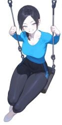1girls ai_generated black_hair black_pants blue_shirt blush breasts clothing collarbone colored_skin eatsleep1111 female from_above full_body grey_eyes grin large_breasts leggings long_sleeves looking_at_viewer pale_skin pants parted_bangs ponytail purple_eyes shirt short_hair simple_background sitting smile socks solo swing swinging tight_clothes tight_pants white_background white_skin wii_fit wii_fit_trainer wii_fit_trainer_(female)