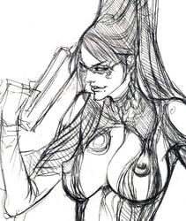 bayonetta bayonetta_(character) beauty_mark breasts cleavage female female_only glasses gun ikeda_masateru long_hair masateru mole monochrome nipples sega sketch solo weapon