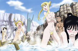 3boys 3girls alphonse_elric automail blush edward_elric female fullmetal_alchemist hairy_pussy human lan_fan lin_yao metal_arm mountain multiple_boys multiple_girls nude paninya prosthesis prosthetic_arm pubic_hair pussy water winry_rockbell