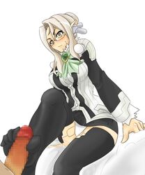 breasts clothed_female clothed_female_nude_male feet female footjob footjob_with_legwear glasses grey_eyes grey_hair human male momio panties straight thighhighs toes