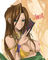 arc_the_lad arc_the_lad_ii breasts brown_hair card cards choker female green_eyes long_hair nipples sania solo tan_skin twins7 wardrobe_malfunction wristband