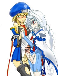 2girls bare_shoulders beret blazblue blonde_hair blush braid cape female frottage futa_with_futa futanari fuyu_sato green_eyes hat holding_hands intersex long_hair multiple_girls necktie noel_vermillion nu-13 penis red_eyes red_ribbon ribbon short_hair single_braid thighhighs uniform voice_actor_connection white_hair