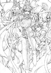 6+girls bayonetta bayonetta_(character) bodysuit breasts candy cleavage_cutout female glasses gloves jeanne_(bayonetta) joy_(bayonetta) juubaori_mashumaro large_breasts lips lollipop long_hair monochrome multiple_girls nipples sega short_hair sketch yuri