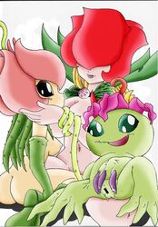 3girls censored crest_of_light crests_(digimon) digimon digimon_(species) digimon_adventure fairy female lillymon multiple_girls palmon plant plant_girl pussy rosemon vine_hair vines yuri