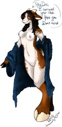 2013 anthro black_hair breasts brown_fur caprine clothing female fur furry furry_only goat hair hooves horn looking_at_viewer mammal multicolored_fur nipples oli_snowpaw plain_background purple_eyes pussy robe smile solo standing two_tone_fur undressing white_background white_fur