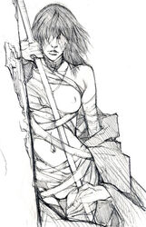 breasts demon's_souls female female_only fromsoftware ikeda_masateru large_breasts maiden_in_black masateru monochrome navel nipples short_hair sketch solo staff wardrobe_malfunction