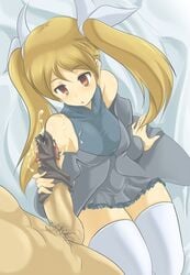 blonde_hair cum momio panty_on_penis pantyjob thighhighs uncensored