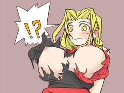 archer_(fft) big_breasts blonde_hair blush breast_expansion breasts enf female final_fantasy final_fantasy_tactics final_fantasy_tactics_(original) huge_breasts kanenaga large_breasts long_hair nipples solo surprised torn_clothes wardrobe_malfunction yellow_eyes