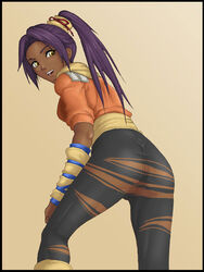 1girls ass bleach censored dark-skinned_female dark_skin deep_rising female female_only from_behind leaning_forward long_hair looking_back no_panties ponytail purple_hair pussy shihouin_yoruichi solo tied_hair torn_clothes yellow_eyes