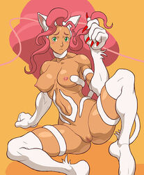 alternate_color animal_ears arm_support blush breasts cat_ears censored darkstalkers felicia_(darkstalkers) fur green_eyes leg_lift long_hair nipples pussy red_hair sitting small_breasts spread_legs yamamiya_hiroshi