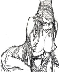 bayonetta bayonetta_(character) breasts cleavage female female_only glasses ikeda_masateru long_hair masateru monochrome nipples sega sitting sketch solo tongue