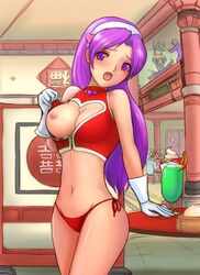 0109cartoon-bandits 1girls 2d athena_asamiya belly bikini blush breasts female gloves human king_of_fighters long_hair midriff navel one_breast_out purple_eyes purple_hair snk solo swimsuit