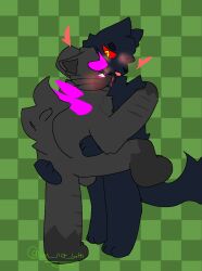 anthro back_spikes bite biting black_fur blood blush buck_(kaiju_paradise) furry gay gootraxian heart im_not_betti_(artist) kaiju_paradise male male/male panther_(kaiju_paradise) pink_eyes pink_horns red_eyes roblox roblox_game self_upload