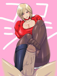 1girls 2d 2d_(artwork) balls big_breasts blonde_female blonde_hair blue_eyes blush boots breasts bursting_breasts busty censored clothed_female clothed_female_nude_male curved_to_the_right_penis feet female footjob footjob_with_legwear gureko_rouman huge_breasts large_breasts looking_at_viewer male male_pov pantyhose penis pov short_hair sitting source_request spread_legs testicles thick_thighs thighband_pantyhose toes