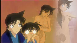 1girls ass blue_eyes blush breasts brown_hair clothed_male_nude_female cmnf conan_edogawa detective_conan female human large_breasts long_hair nipples nude nude_filter pale-skinned_female pale_skin photoshop ran_mouri uncensored