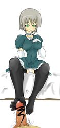 big_breasts blush breasts censored clothed_female clothed_female_nude_male elbow_gloves feet female footjob footjob_with_legwear gloves green_eyes grey_hair highres large_breasts long_image male momio panties pubic_hair short_hair sitting tall_image thighhighs toes