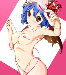 1girls bat_wings blue_hair breasts female hat nipples nude pussy red_eyes red_string remilia_scarlet reri short_hair solo string touhou wings