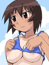 azumanga_daiou bikini breasts brown_hair female female_only human kagura_(azumanga_daiou) lowres medium_breasts nipple_slip nipples oekaki solo swimsuit tanline