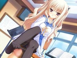 blonde_hair blush bra-ban! breasts clothed_female feet female femdom footjob footjob_with_legwear game_cg hibarigaoka_yuki long_hair male muririn pantyhose penis school_uniform schoolgirl serafuku sitting socks tied_hair toes twintails