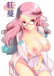 benikazura breast_hold breasts cum cum_in_mouth cum_on_body cum_on_breasts cum_on_leg cum_on_lower_body cum_on_upper_body glasses highres large_breasts long_hair nipples no_bra no_panties open_clothes open_shirt pink_eyes pink_hair