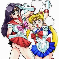 2girls ass bishoujo_senshi_sailor_moon black_eyes black_hair blonde_hair blush bow breasts choker closed_eyes clothing crown earrings eyeball_(artist) female female_only gloves human long_hair looking_at_viewer no_panties open_mouth rei_hino sailor_mars sailor_moon smile straight_hair twintails usagi_tsukino white_background white_skin