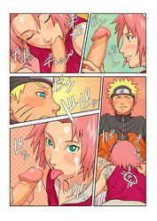 1boy 1girls blonde_hair blue_eyes blush censored closed_eyes cum drooling facial fellatio female forehead_protector green_eyes human male naruto oral penis pink_hair sakura_haruno saliva short_hair shoumi_20kg straight sucking_penis sweat tongue uzumaki_naruto yamamiya_hiroshi