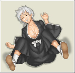 1girls bleach blush breasts cleavage clenched_teeth closed_eyes cum cum_on_body cum_on_upper_body deep_rising facial female female_only footwear from_above japanese_clothes kotetsu_isane legs_up lying on_back sandals shadow short_hair silver_hair socks solo