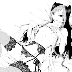 1girls bed black_and_white breasts crotchless crotchless_panties dyed_bangs female female_only flat_chest garter_belt genderswap genderswap_(mtf) greyscale hat human king_of_fighters lingerie long_hair looking_at_viewer lying monochrome naughty_face navel nipples nurse nurse_cap nurse_uniform panties presenting pussy_peek removing_clothing rule_63 shion_(kof) small_breasts smile snk solo stockings submissive_female thick_thighs thighhighs turtleneck underwear yoshii